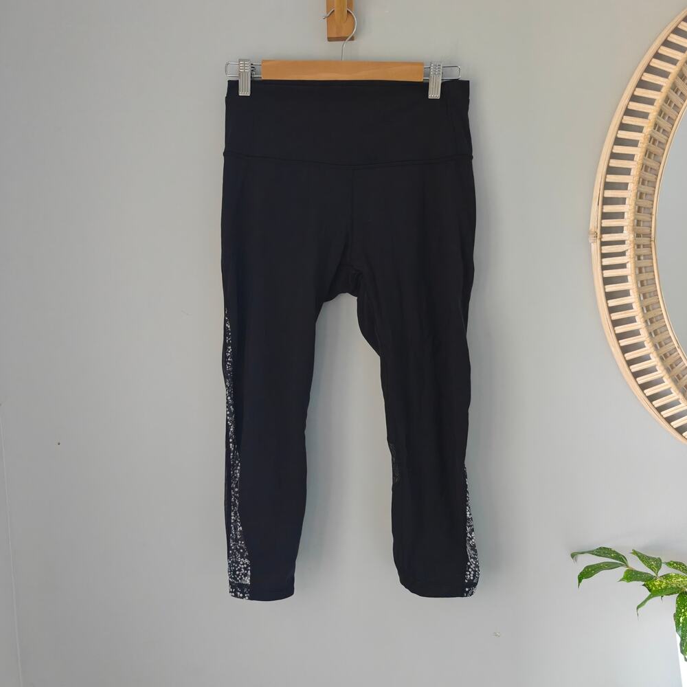 Lululemon Mix & Mesh Crop 21" Leggings  Black/White Dot Mesh Side Panels 8